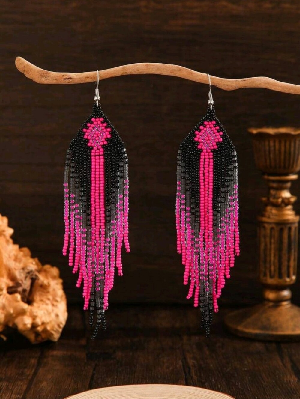 Handmade Black & Hot Pink Beaded Earrings